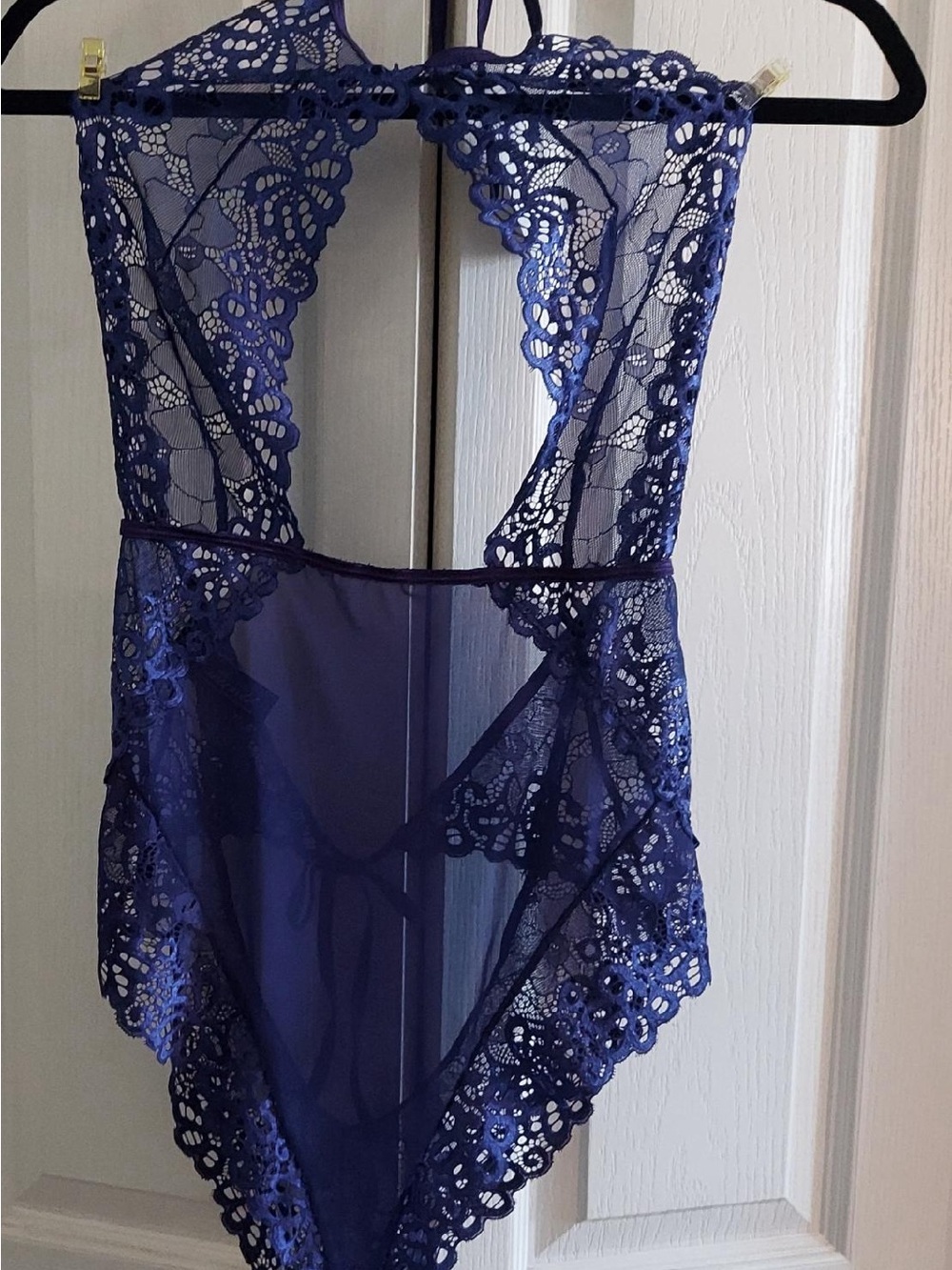 NWT Women's Lace Sheer Teddy Bodysuit - Navy Blue